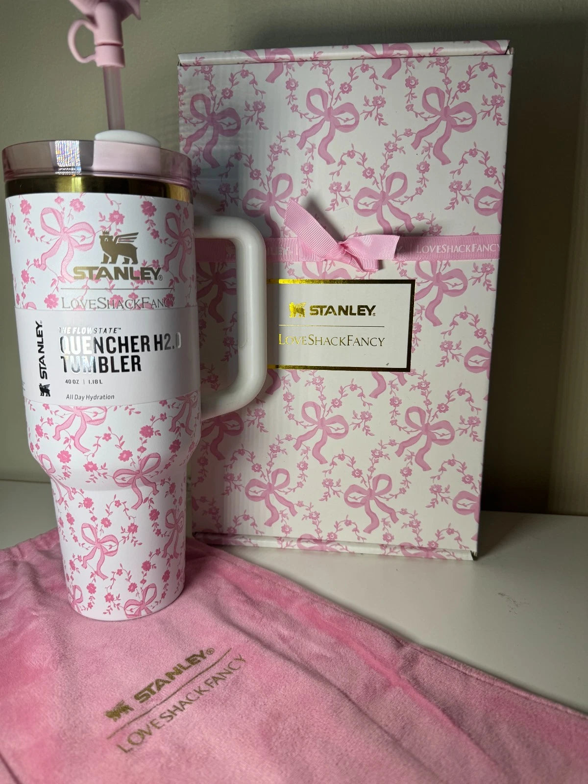 Stanley Love Shack Fancy 40 oz Tumbler – Pink Bow and Pink Flower