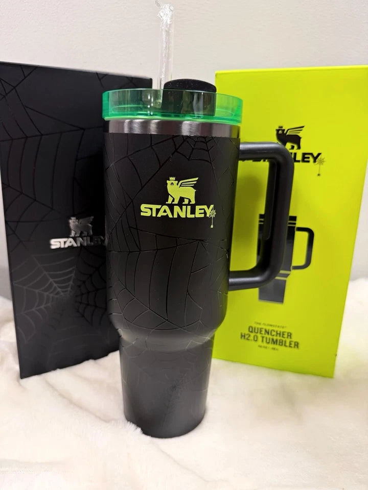 Stanley Quencher H2.0 40oz Black Spiderweb Tumbler Handle Lid Straw